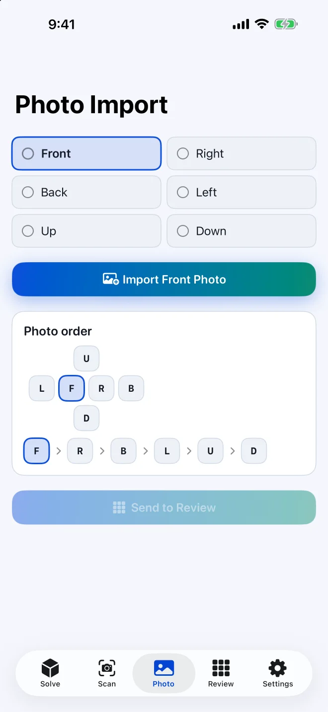 Solve My Cube iOS app showing six-face photo import on iPhone
