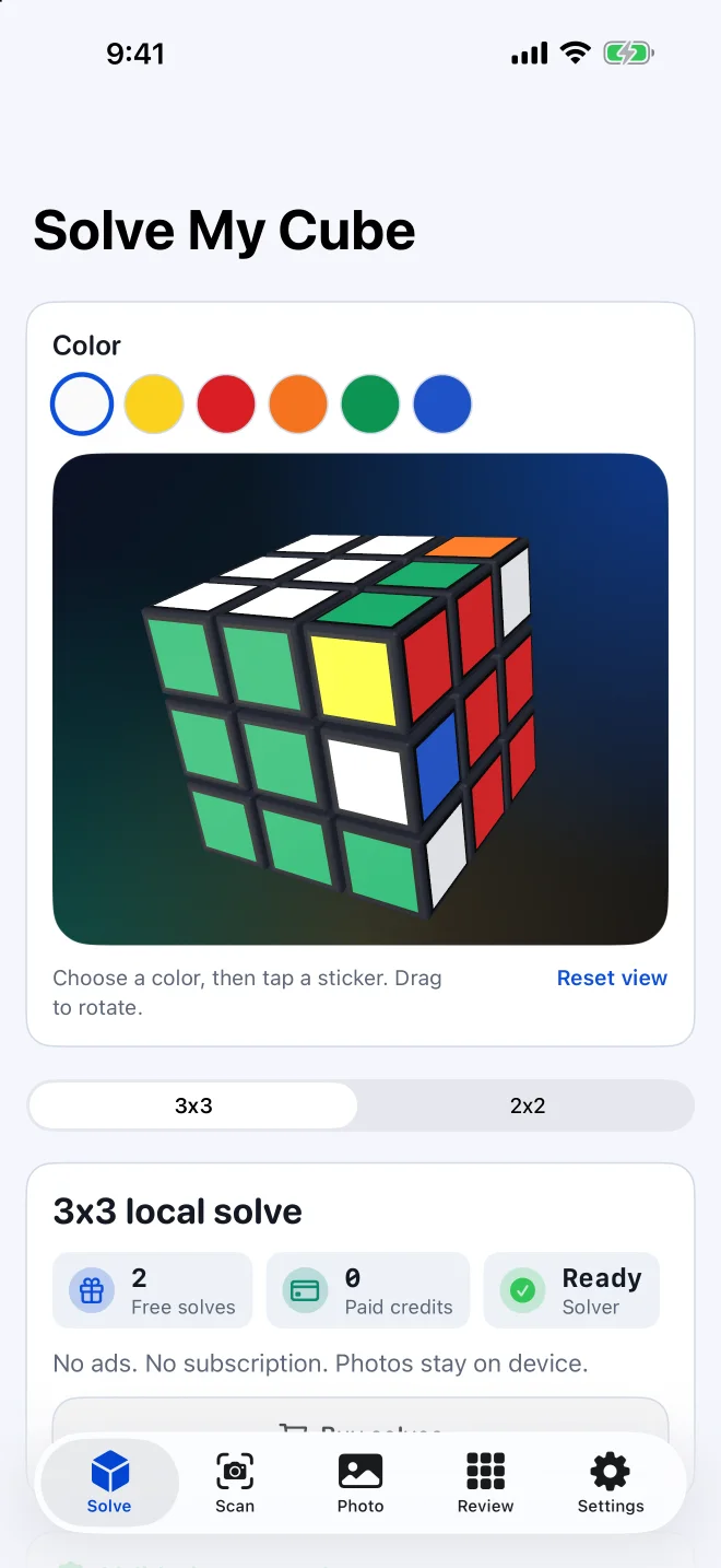 Solve My Cube iOS app showing the 3D sticker editor on iPhone